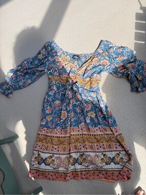 Angie Teal and Mustard Floral Long Sleeve Boho Dress